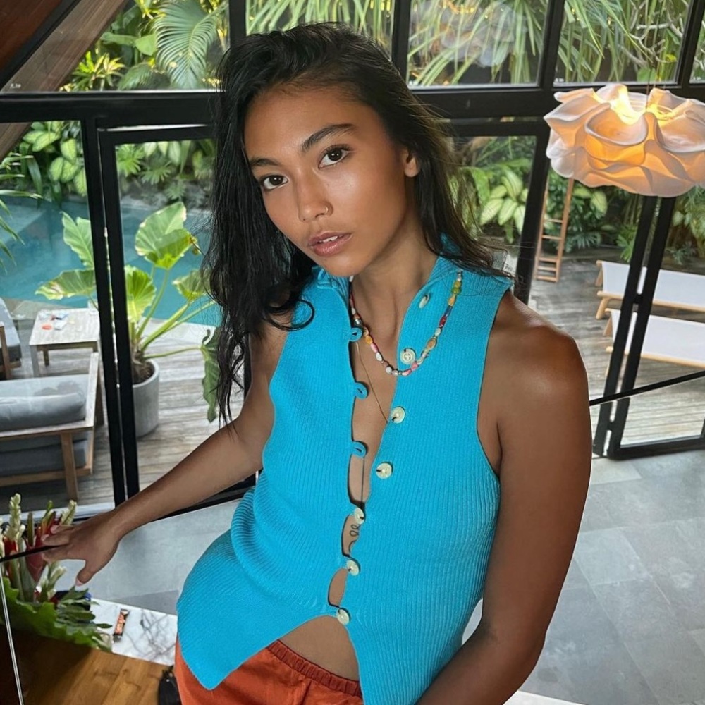 Arthur Apparel Teal Blue Knit Button High Neck Top
